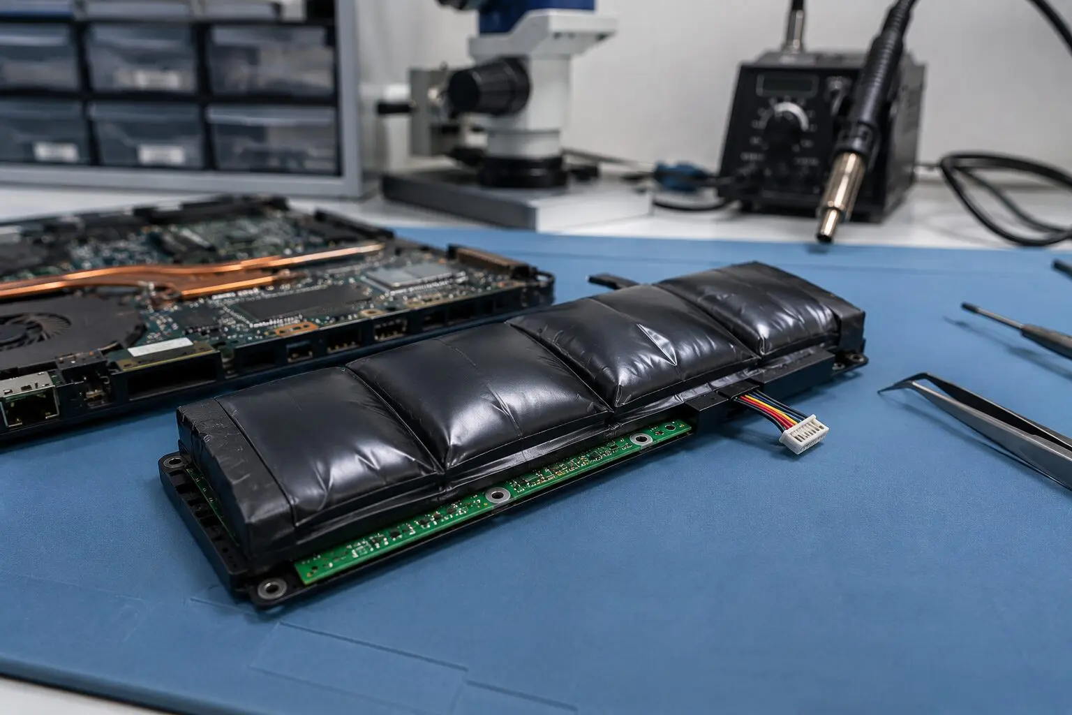 Вздулся аккумулятор ноутбука — вздутая Li-ion батарея на столе мастерской Laptop Lab