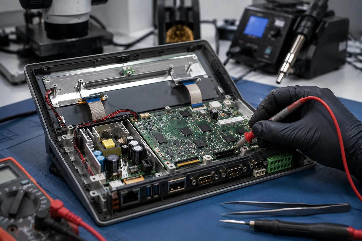 Ремонт операторской панели HMI — плата и тачскрин под микроскопом, Laptop Lab Хадера