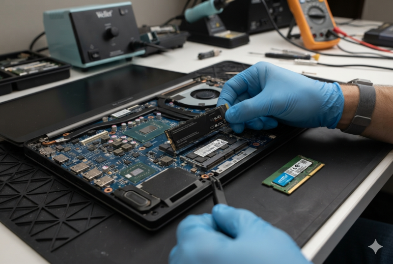 Апгрейд ноутбука — установка модуля SSD и планки RAM на плате в мастерской Хадеры