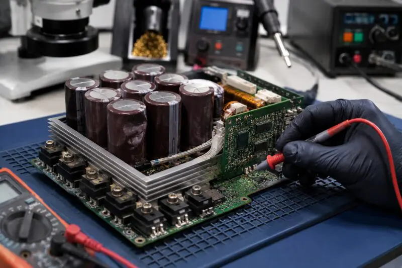 Ремонт частотного преобразователя — силовая плата и IGBT-модуль под микроскопом, Laptop Lab