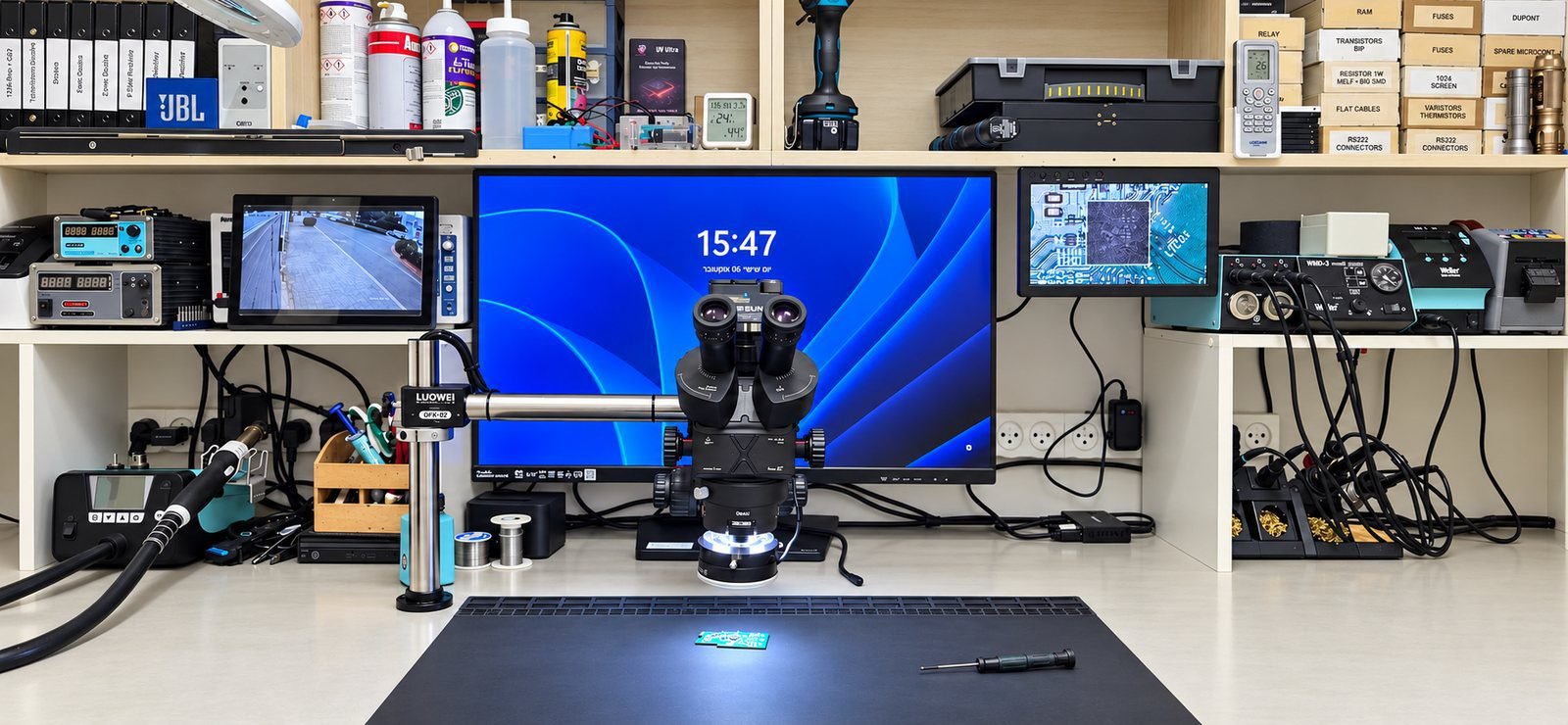 מעבדת Laptop Lab בחדרה — עמדת עבודה עם מיקרוסקופ Qianli Gorilla, תחנת הלחמה Weller ומכשור לתיקון ברמת רכיב