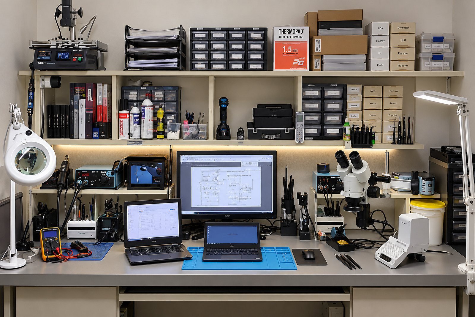 Мастерская Laptop Lab в Хадере — рабочее место с микроскопом, паяльной станцией и приборами для компонентного ремонта