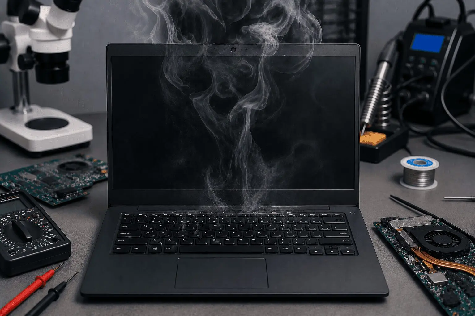 מחשב נייד מריח שרוף — אבחון ותיקון Laptop Lab